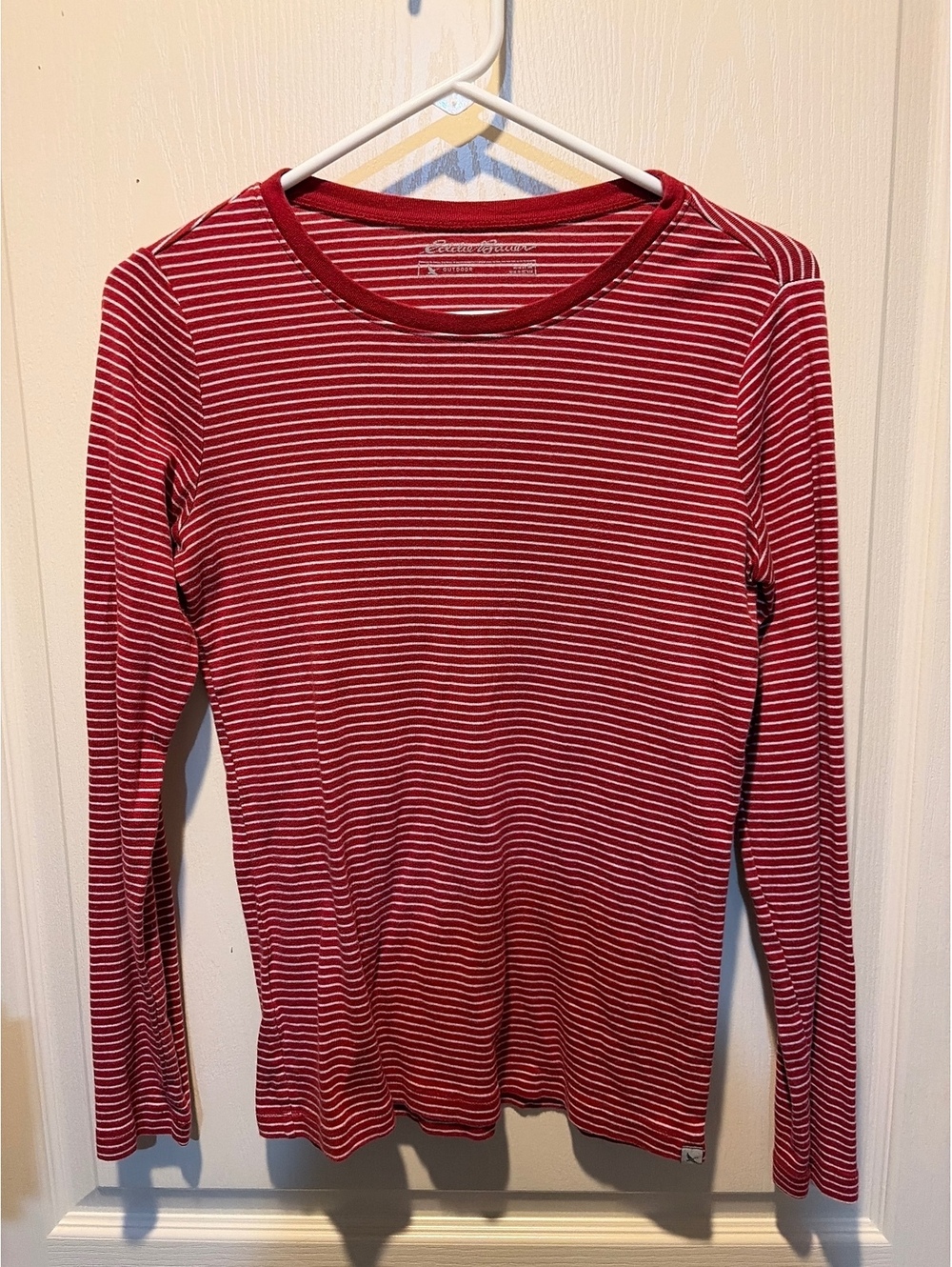 Eddie Bauer Women's Long Sleeve Red and White Striped Shirt Size M